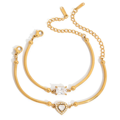 18K Verguld CZ Charm Armband Set van 2 | Waterdichte Bangle & Kettingarmband met Hart & Vierkant Kristal | Delicate Stapelarmbanden Set
