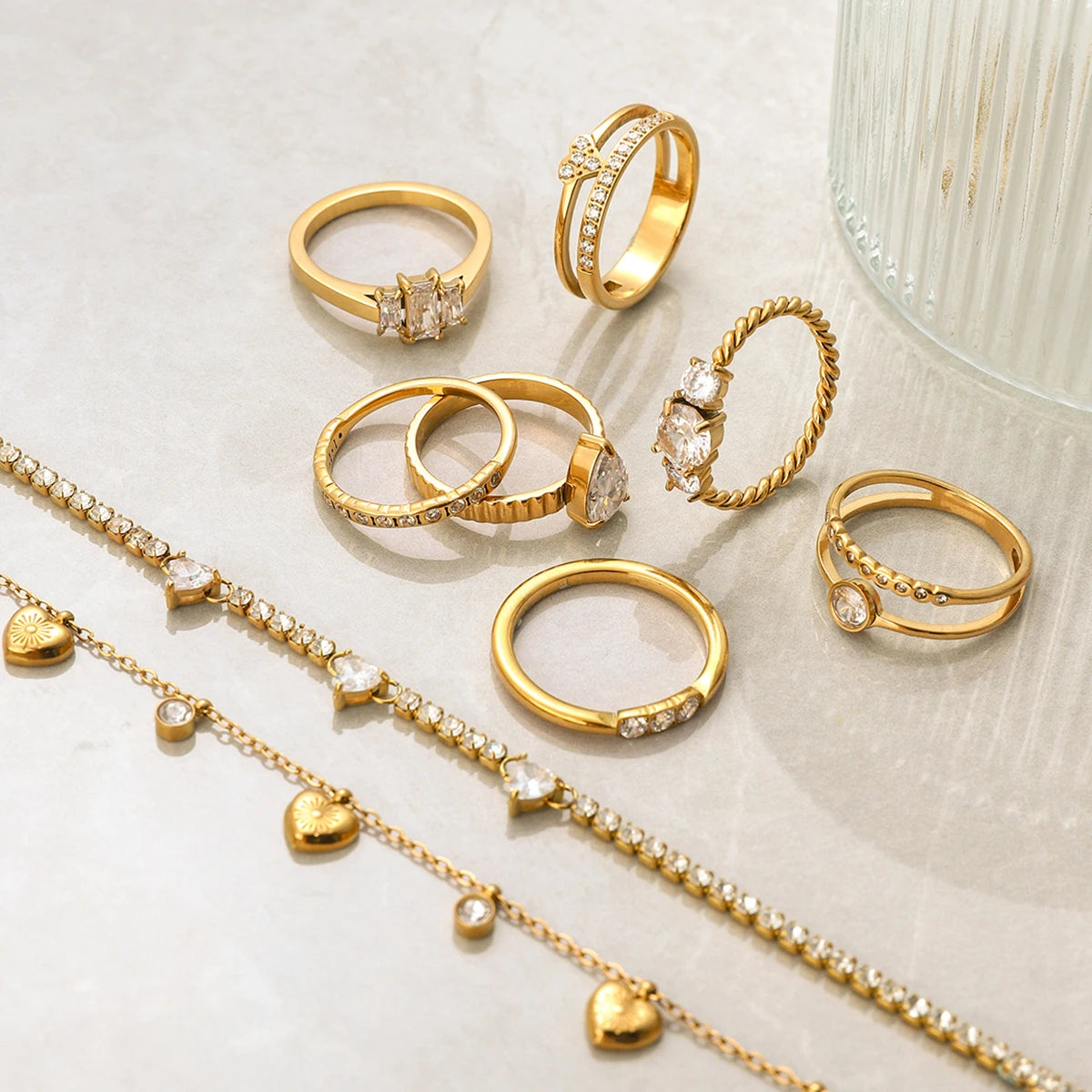 18K Gold Plated Crystal Ring Set of 6 | Waterproof Stackable Ring Stack | CZ Diamond Style Gold Ring Collection