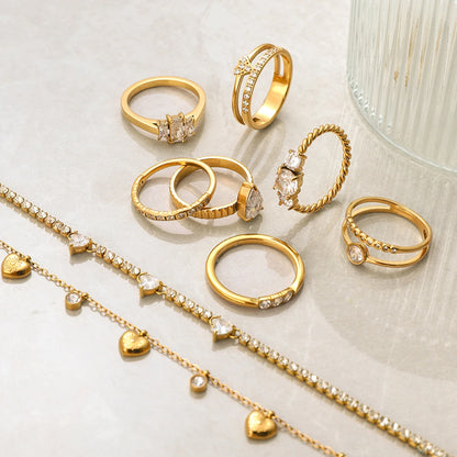 18K Gold Plated Crystal Ring Set of 6 | Waterproof Stackable Ring Stack | CZ Diamond Style Gold Ring Collection