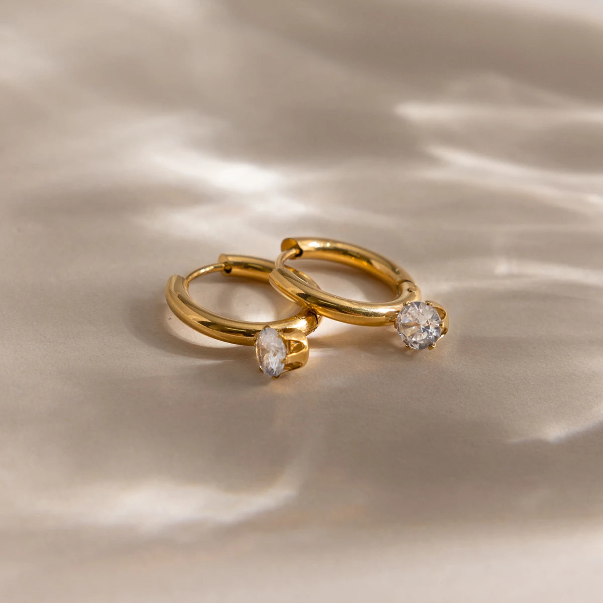 18K Gold Plated Huggie Hoop Earrings with Solitaire CZ Drop | Waterproof Round Brilliant Crystal Dangle Hoop Earrings | Minimalist Diamond Style Earrings