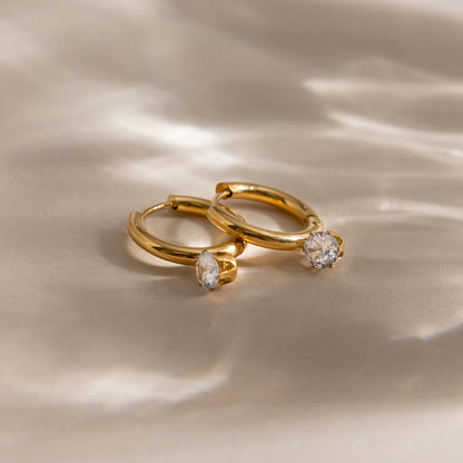 18K Gold Plated Huggie Hoop Earrings with Solitaire CZ Drop | Waterproof Round Brilliant Crystal Dangle Hoop Earrings | Minimalist Diamond Style Earrings