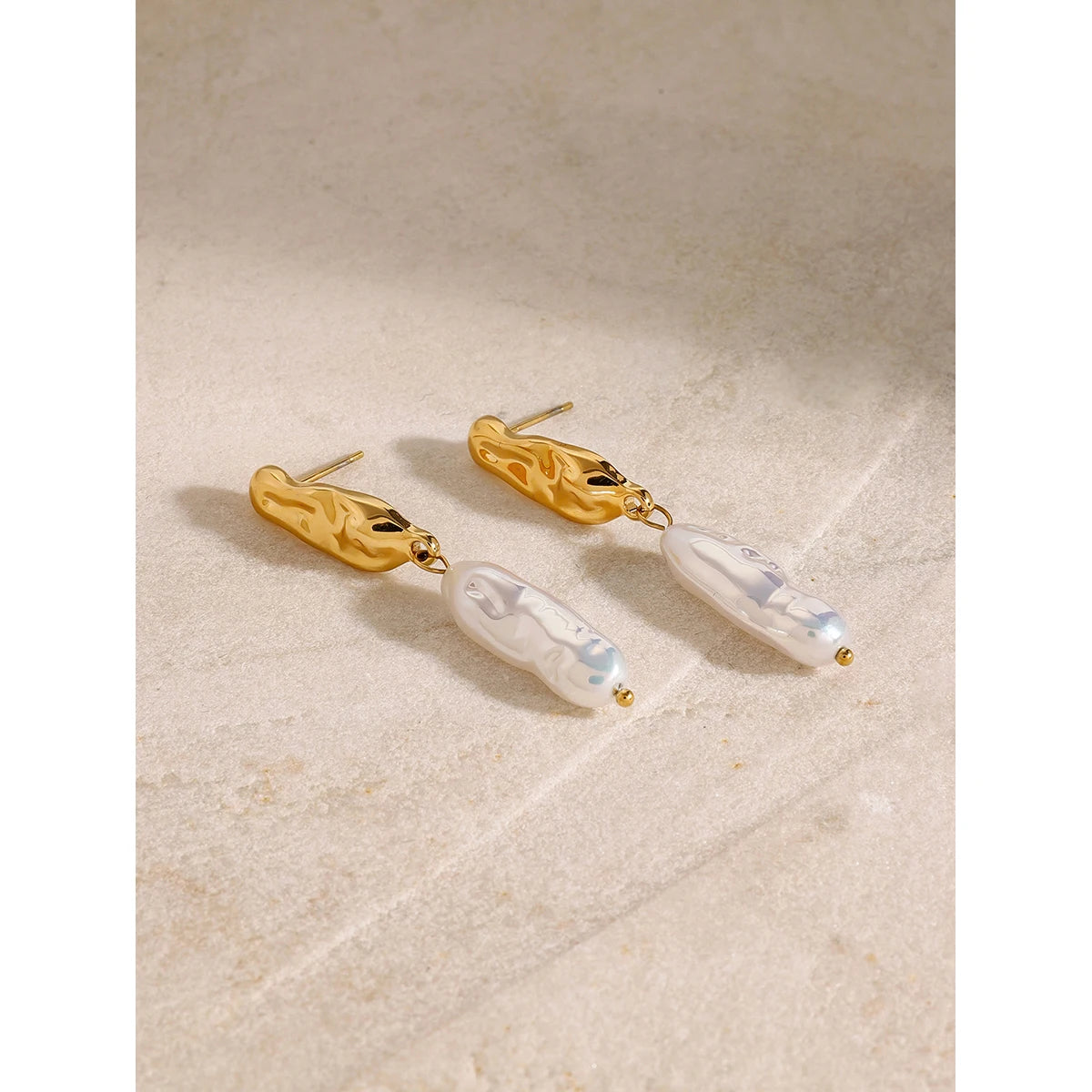 18K Gold Plated Hammered Pearl Drop Earrings for Women – Waterproof Tarnish Free Statement Jewellery