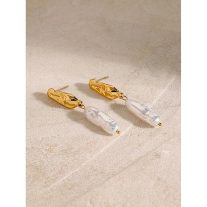 18K Gold Plated Hammered Pearl Drop Earrings for Women – Waterproof Tarnish Free Statement Jewellery