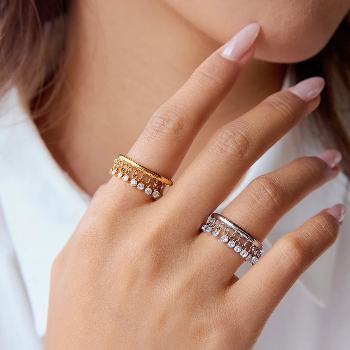 Dainty Dangle Charm Ring | 18K Gold Plated Tassel Ring with CZ Stones | Adjustable Waterproof Fashion Jewelry for Women
