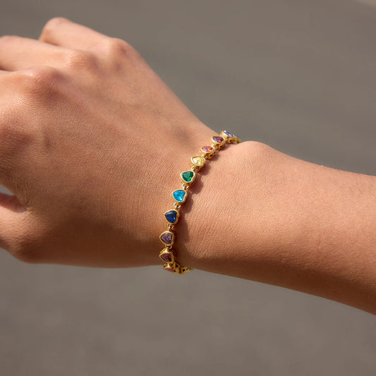 18K Vergulde Regenboog Veelkleurige Kristallen Tennisarmband | Waterdichte Zetting Kleurrijke CZ Armband | Verkrijgbaar met Ronde & Hart Geslepen Stenen