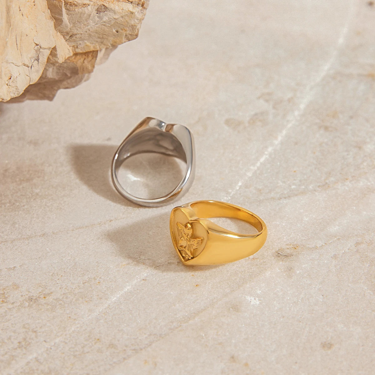 Vintage Cherub Hart Ring | Verguld & Verzilverd Engelen Ring | Waterdichte Chunky Esthetische Statement Sieraden