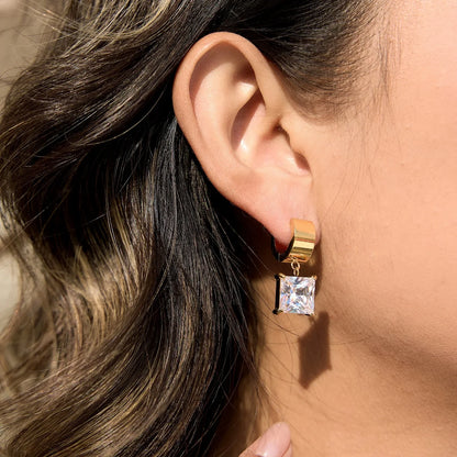 18K Gold Plated CZ Drop Huggie Hoop Earrings | Waterproof Pear, Round & Princess Cut Crystal Dangle Earrings | Diamond Style Gift Set