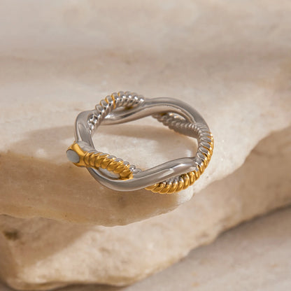 Chunky Two-Tone Twisted Knot Ring | 18K Gold Plated Stainless Steel Bicolor Statement Ring | Sculptural Modern Inlay Jewelry
