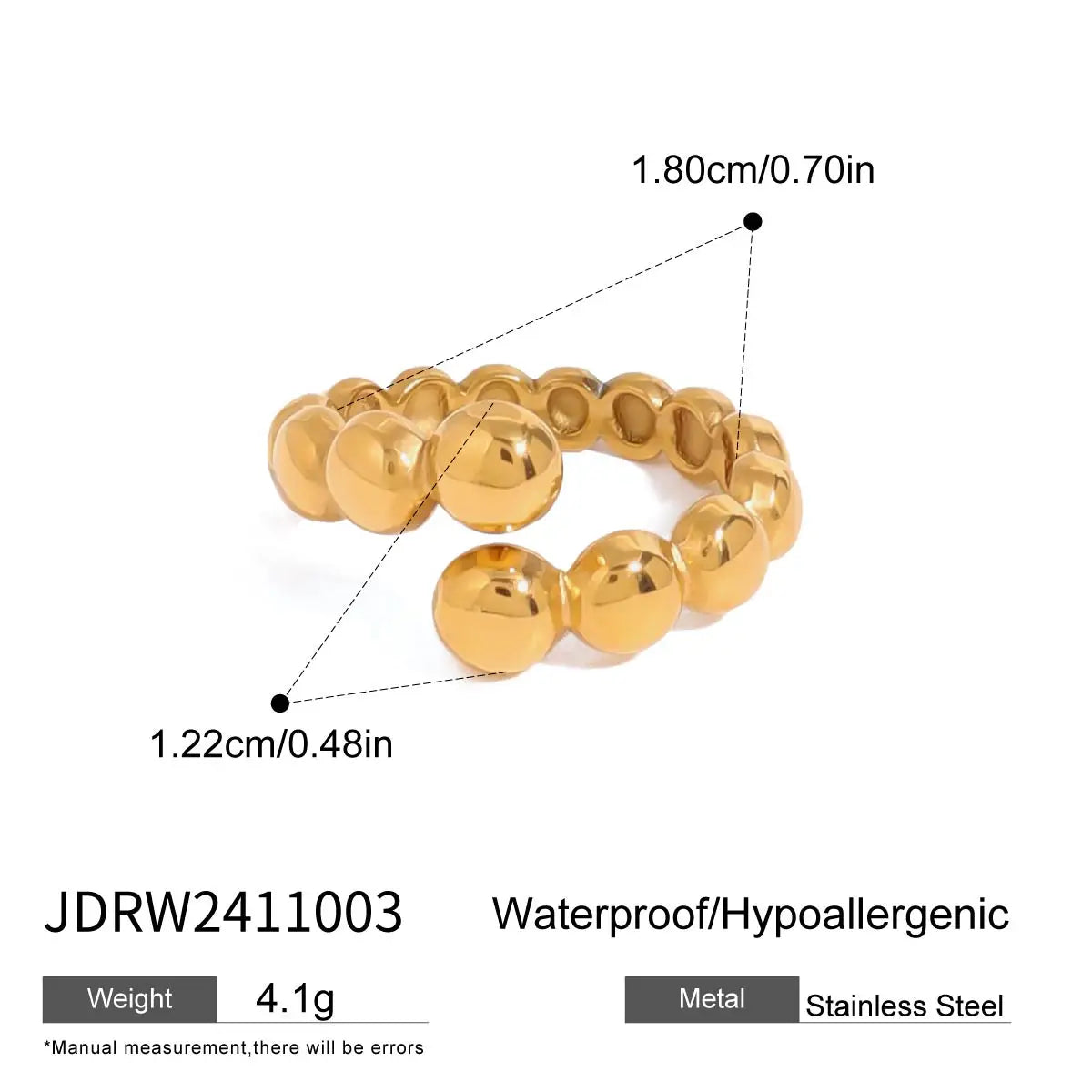 18K Vergulde Bubble Kraal Open Ring | Verstelbare Waterdichte Ball Chain Ring | Verkrijgbaar in Goud & Zilver