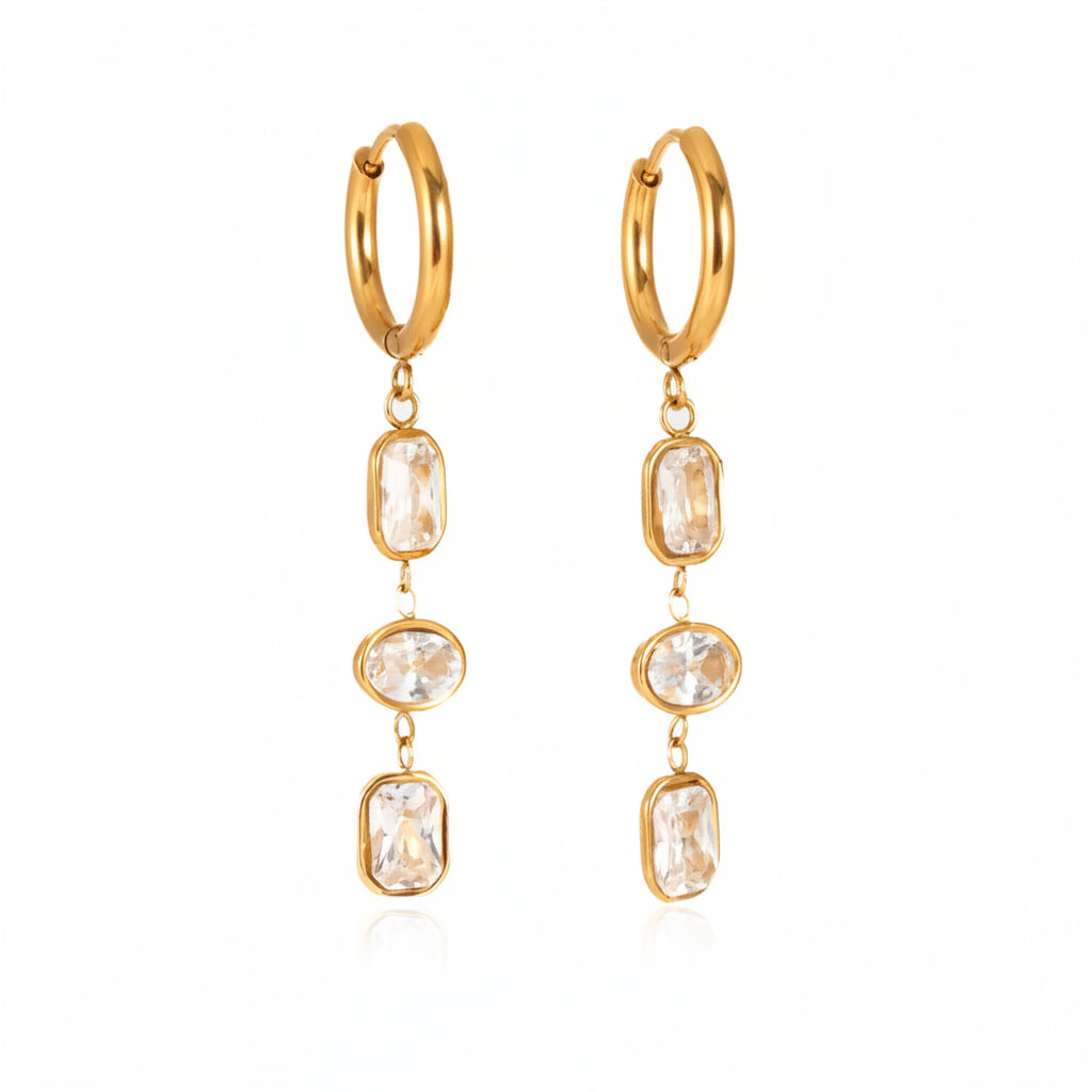 18K Gold Plated Triple White & Red Crystal Drop Earrings | Waterproof Bezel Set CZ Dangle Huggie Hoop Earrings | Diamond Style Drop Earrings