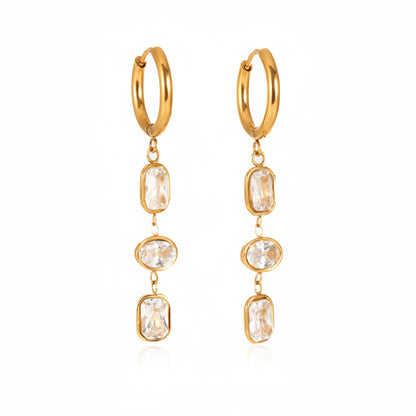 18K Gold Plated Triple White & Red Crystal Drop Earrings | Waterproof Bezel Set CZ Dangle Huggie Hoop Earrings | Diamond Style Drop Earrings