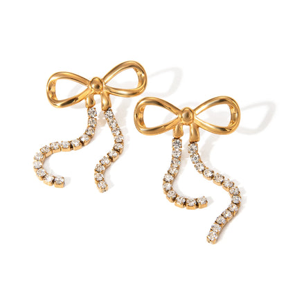 18K vergulde strik kristallen druppel oorbellen – Waterdicht aanslagvrij elegante statement sieraden voor dames