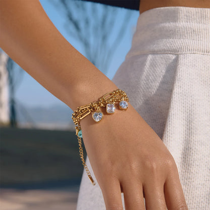 18K Gold Plated Paperclip Chain Bracelet with CZ Charm | Waterproof Mixed Link Chain Bracelet | Available in Heart, Round & Cushion Cut