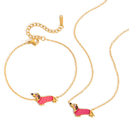 18K Gold Plated Enamel Dog Bracelet & Necklace Set for Women – Waterproof & Tarnish-Free Jewellery & Jewelry