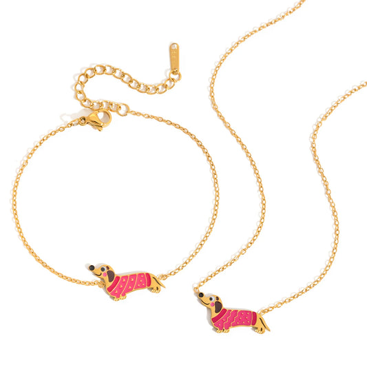 18K Verguld Emaille Hondenarmband & Ketting Set voor Dames – Waterdichte & Niet-Vervagende Sieraden
