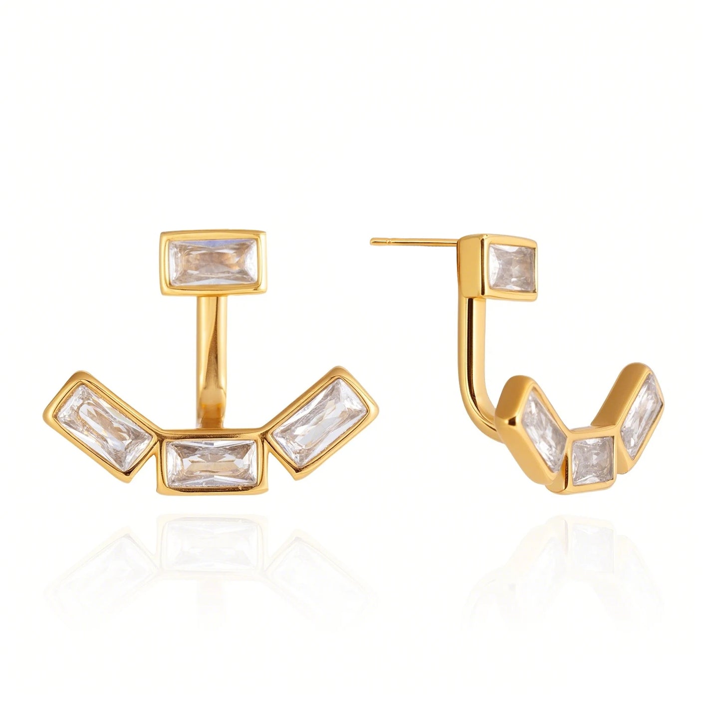 18K Vergulde Baguette CZ Oorjassen | Waterdichte Vier Steens Voor- en Achterkant Oorbellen | Art Deco Diamantstijl Oorbellen
