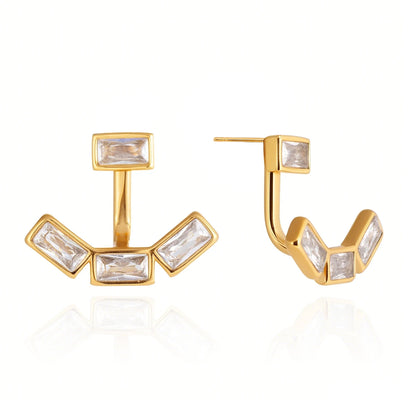 18K Vergulde Baguette CZ Oorjassen | Waterdichte Vier Steens Voor- en Achterkant Oorbellen | Art Deco Diamantstijl Oorbellen