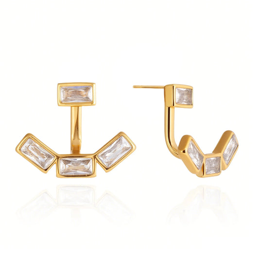 18K Gold Plated Baguette CZ Ear Jacket Earrings | Waterproof Four Stone Front & Back Earrings | Art Deco Diamond Style Earrings