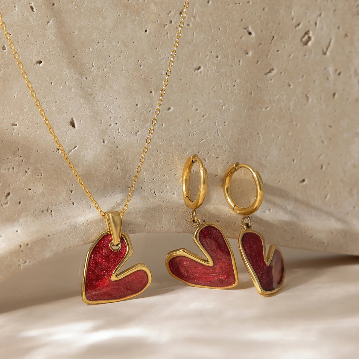 Premium 18K Gold Plated Red Heart Necklace & Hoop Earrings Set for Women – Waterproof & Tarnish-Free Jewellery & Jewelry