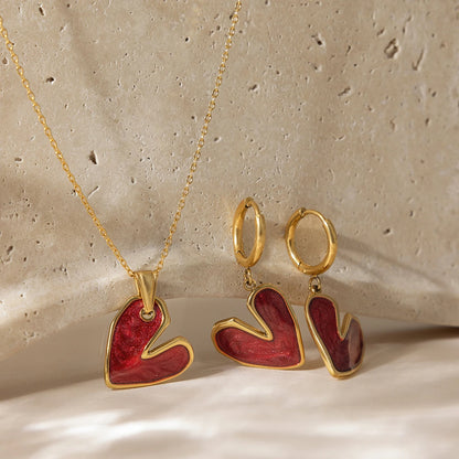 Premium 18K Gold Plated Red Heart Necklace & Hoop Earrings Set for Women – Waterproof & Tarnish-Free Jewellery & Jewelry