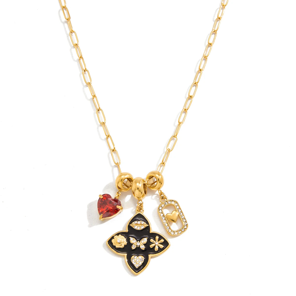 18K Vergulde Ketting met Meerdere Bedels en Paperclip Schakels | Waterdichte Zwart Emaille Bloemen- en Rood Hart Kristal Bedelketting | Opvallende Statement Ketting