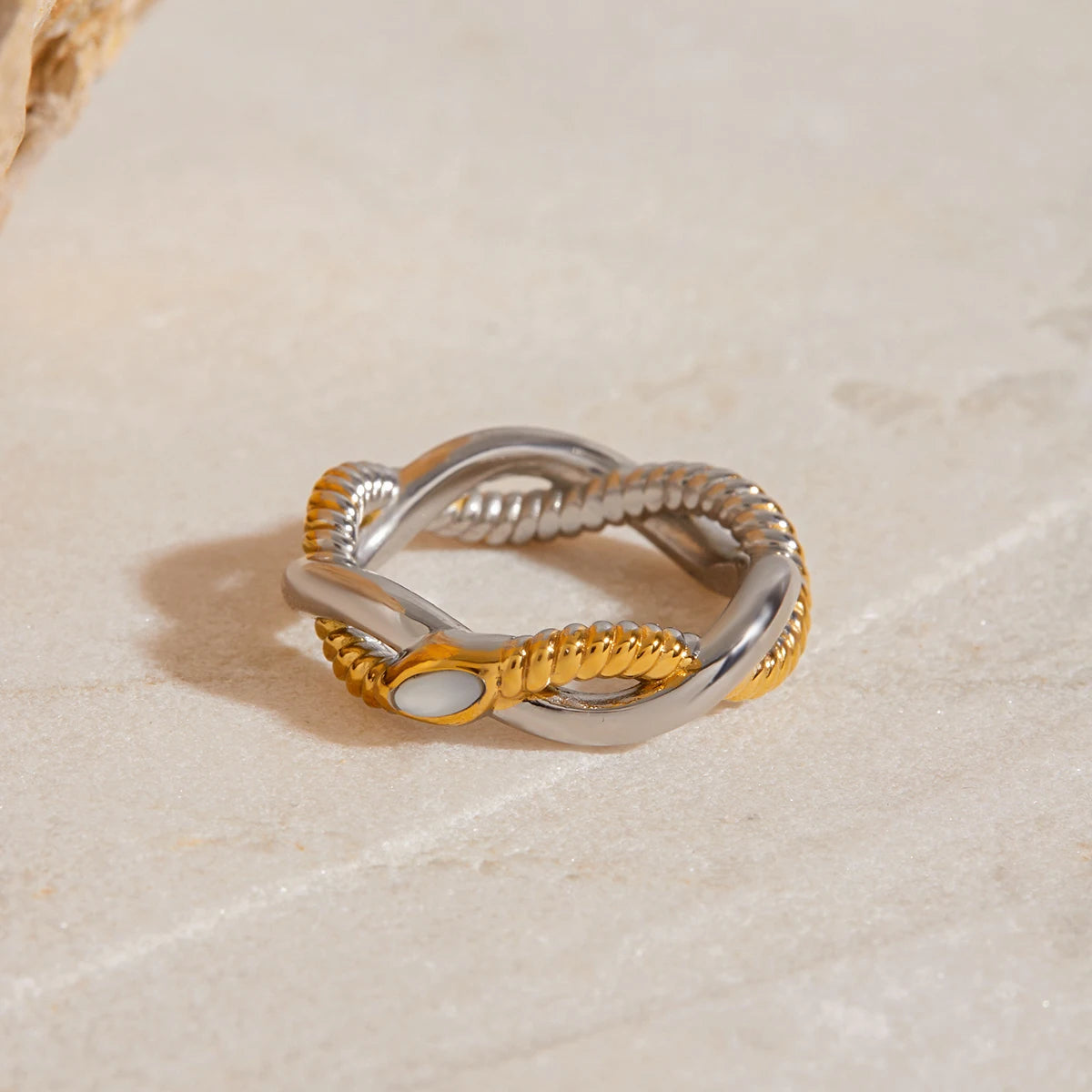 Chunky Two-Tone Twisted Knot Ring | 18K Gold Plated Stainless Steel Bicolor Statement Ring | Sculptural Modern Inlay Jewelry