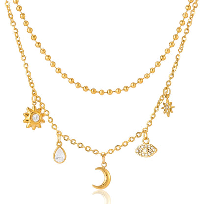 18K vergulde hemelse dubbellaagse bedelketting | Waterdichte zon maan ster en boze oog gelaagde ketting | Boho gouden bedelketting set