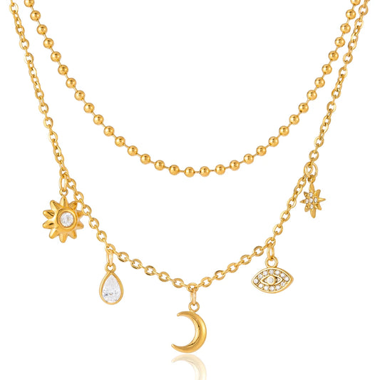 18K vergulde hemelse dubbellaagse bedelketting | Waterdichte zon maan ster en boze oog gelaagde ketting | Boho gouden bedelketting set