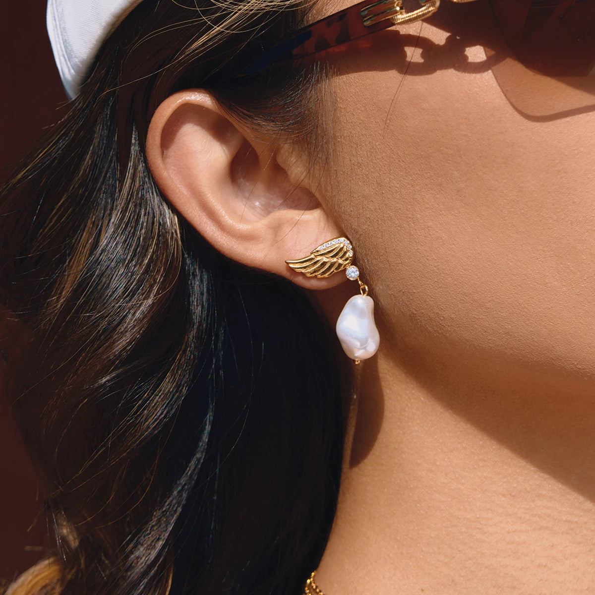 18K Gold Plated Angel Wing & Baroque Pearl Drop Earrings | Waterproof CZ Crystal Wing Stud with Pearl Dangle | Celestial Bridal Earrings