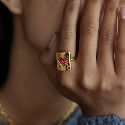 18K Gold Plated Red Crystal Heart Signet Ring | Waterproof Statement Ring | Playing Card Ace of Hearts Ring