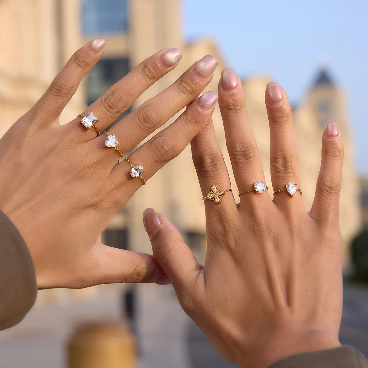 18K Gold Plated Adjustable Chain Ring with CZ Stone | Waterproof Dainty Gold Chain Ring | 6 Styles — Round, Heart, Square, Oval, Teardrop & Flower