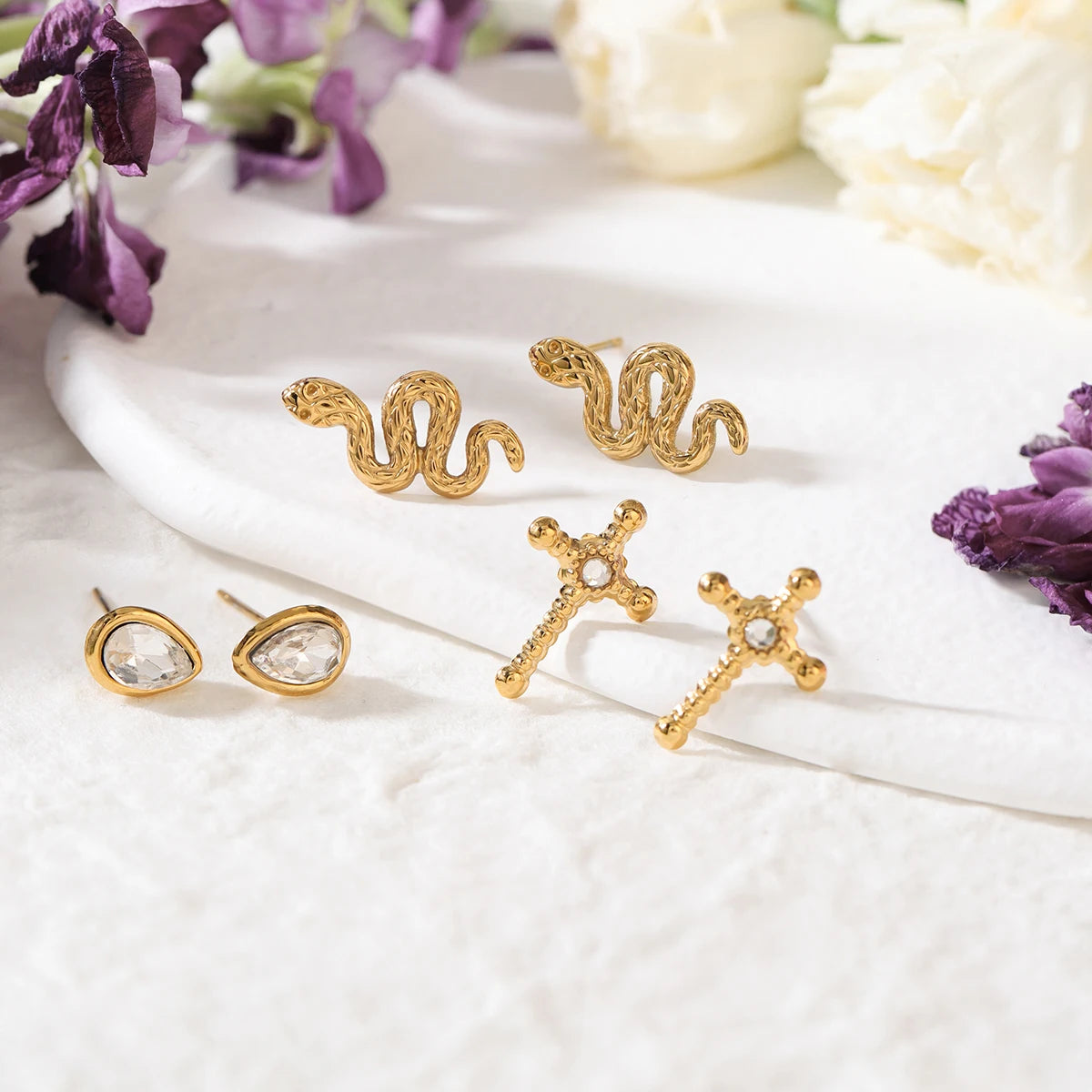 3 Pairs/Set Water Drop Snake Cross Stud Earrings For Women 18K Gold Plated Stainless Steel Earrings Fashion Jewelry