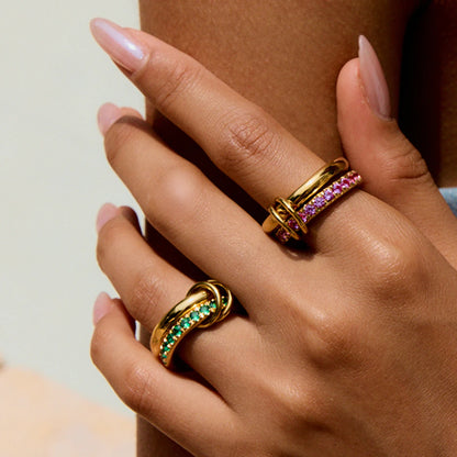 Luxe Meerlaagse Gouden Ring met Gekleurde Zirkoonstenen – Wit, Groen, Roze & Blauw | Verstelbare Stapelbare Modering