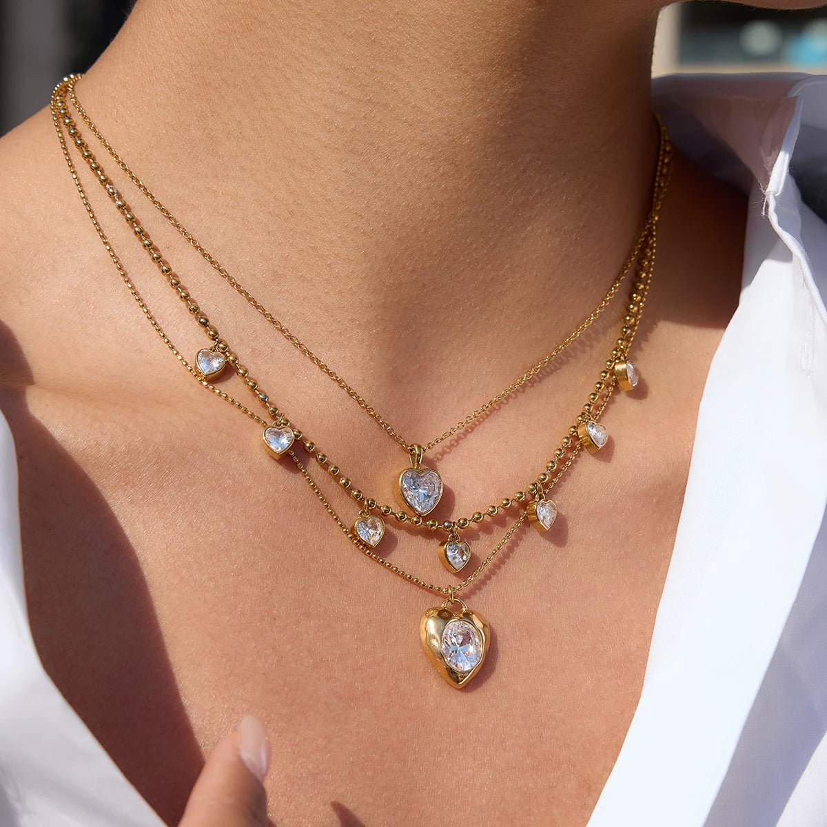 18K vergulde Puffy Heart CZ Hanger Ketting | Waterdichte Ovale Kristallen Hart bedel Ketting met balletjes | Subtiele Romantische Gouden Ketting