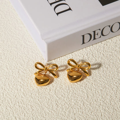 Bow Heart Drop Earrings for Women – Gold Plated Waterproof Tarnish Free Stainless Steel Fashion Jewellery