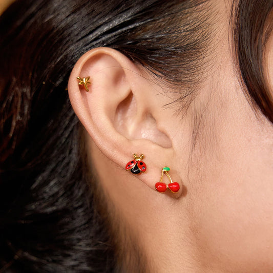 18K Gold Plated Cute Stud Earrings Set for Women – Waterproof Tarnish Free Stainless Steel Insect & Fruit Jewellery (3 Pairs)