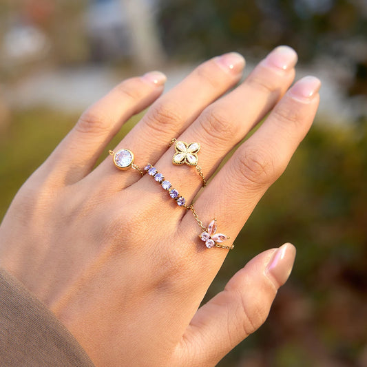 18K Verguld Kleurrijk Kristal Verstelbare Kettingring | Waterdichte Fijn Gouden Kettingring | 6 Stijlen — Blauw, Lavendel, Roze, Vlinder & Multi-Stone