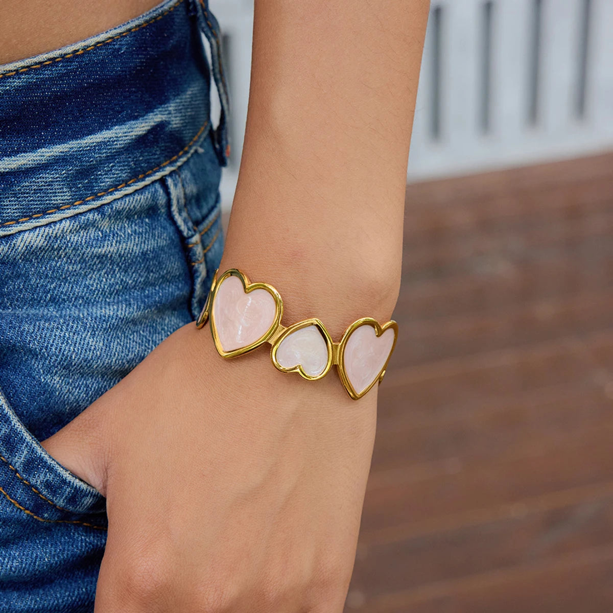 Gold Plated Pink Heart Open Cuff Bracelet for Women | Waterproof & Tarnish-Free Jewelry