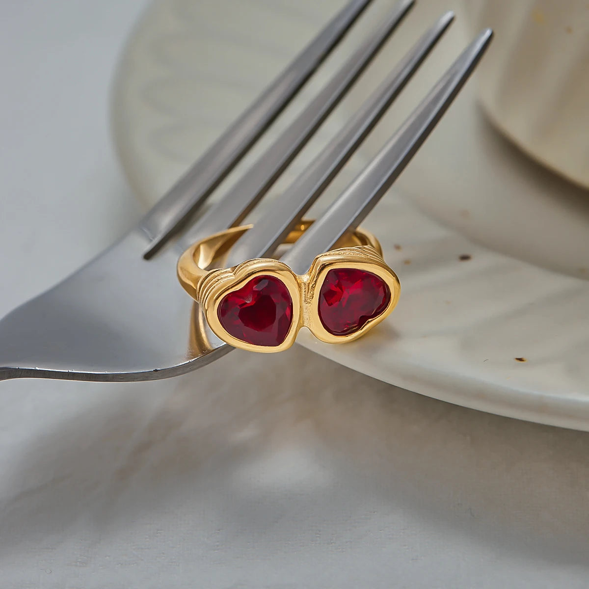 18K Gold Plated Double Red Heart Crystal Ring | Waterproof Toi et Moi Statement Ring | Bezel Set Heart Ring