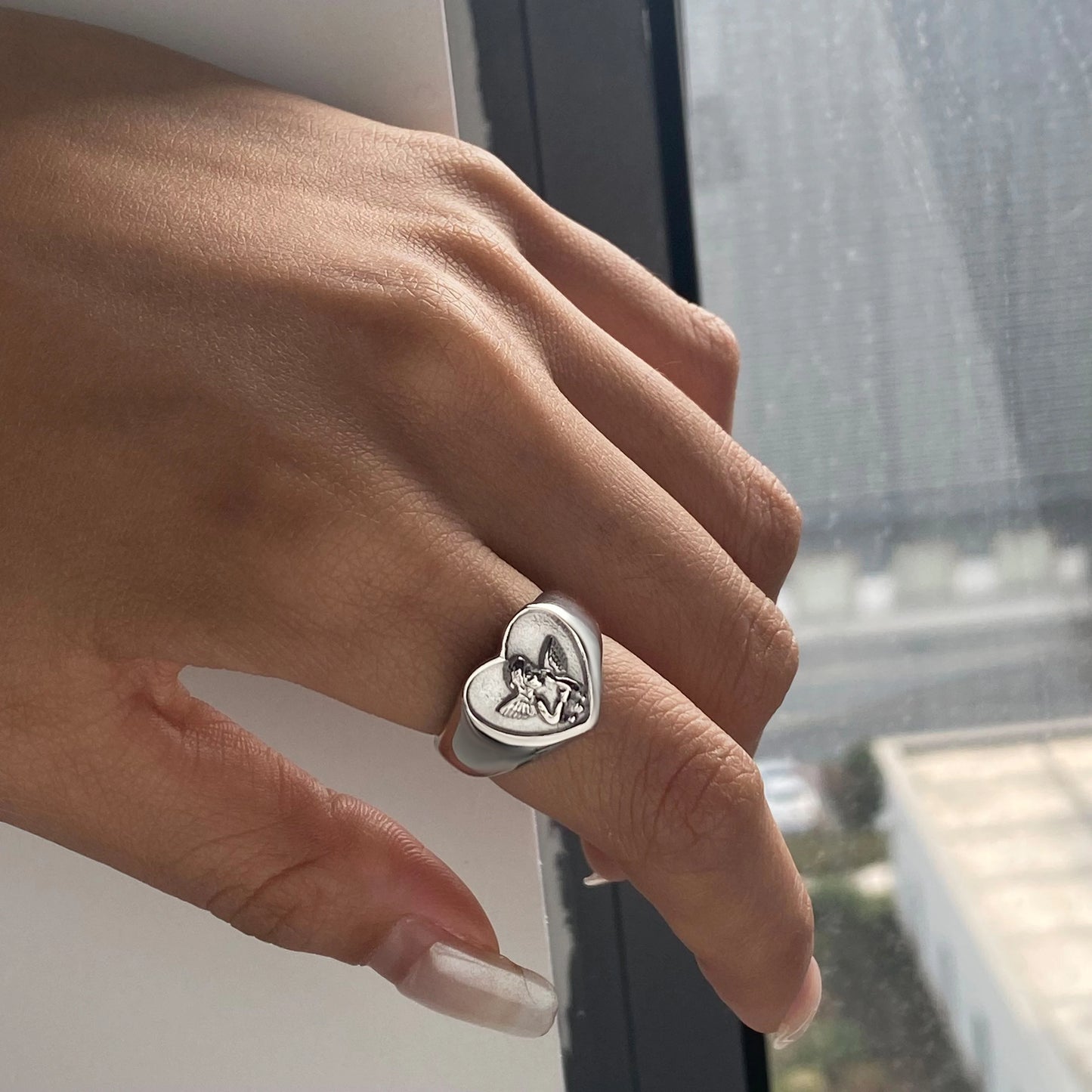 Vintage Cherub Hart Ring | Verguld & Verzilverd Engelen Ring | Waterdichte Chunky Esthetische Statement Sieraden