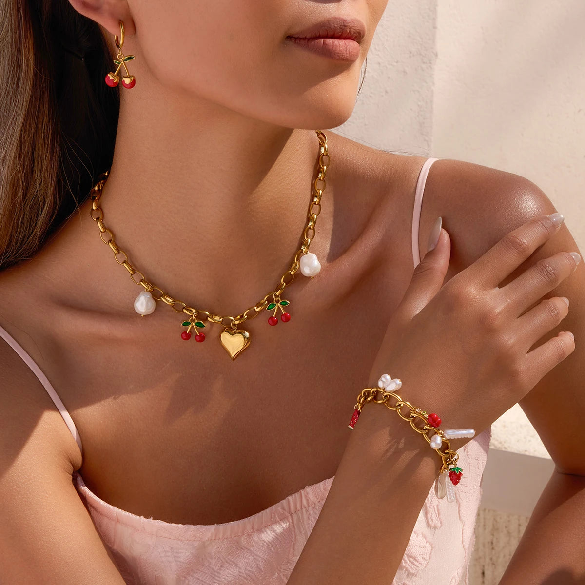 18K Gold Plated Cherry Hoop Earrings for Women – Waterproof Tarnish Free Stainless Steel Fruit Charm Jewellery