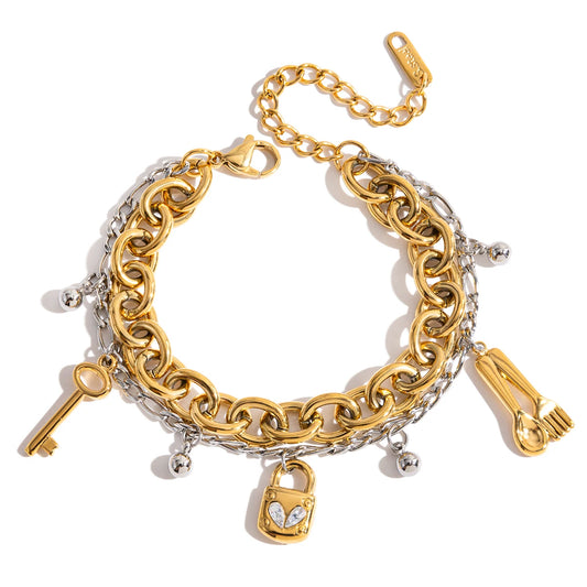 Gold Plated Chunky Charm Chain Bracelet for Women | Waterproof & Tarnish-Free Two-Tone Jewelry