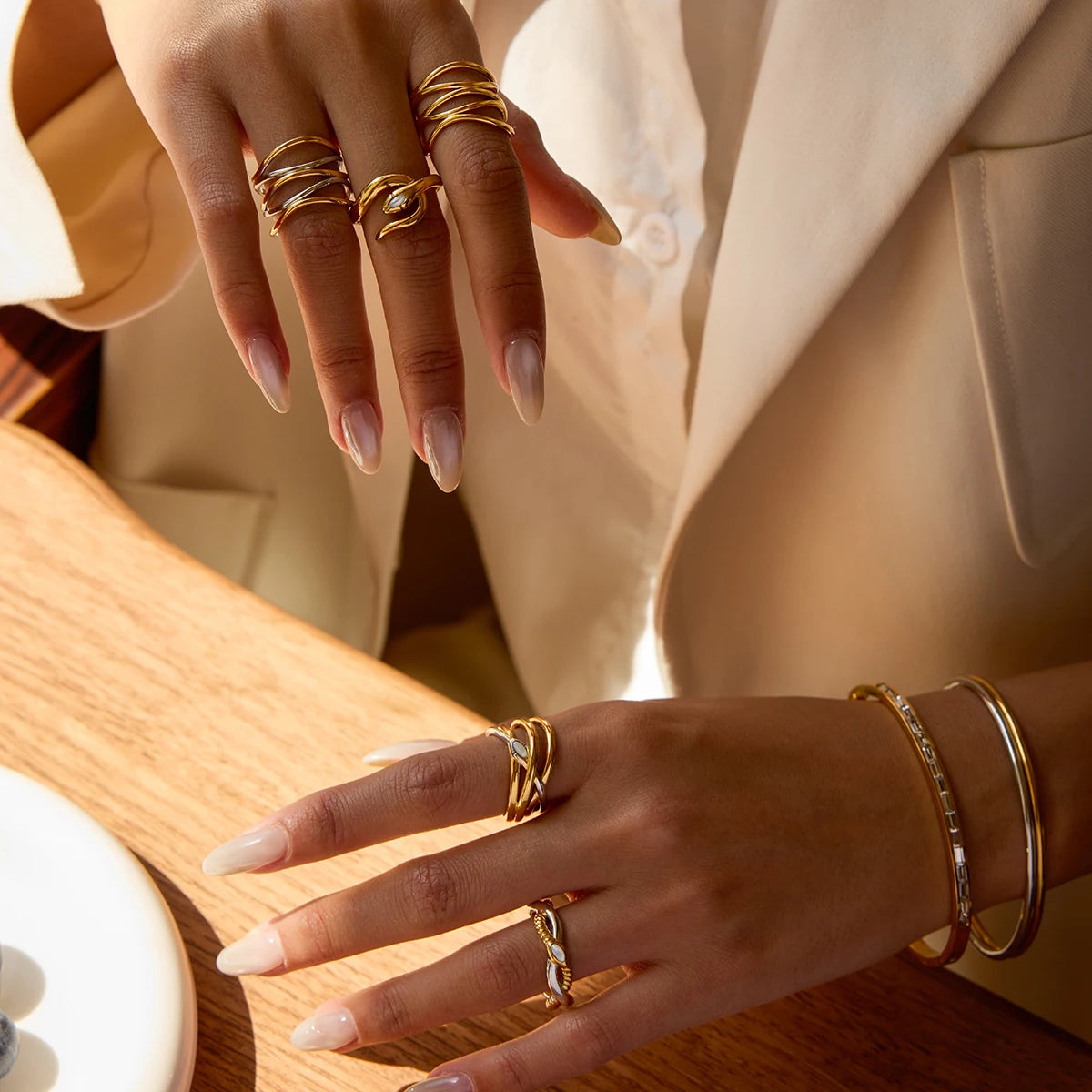 Chunky Two-Tone Twisted Knot Ring | 18K Gold Plated Stainless Steel Bicolor Statement Ring | Sculptural Modern Inlay Jewelry