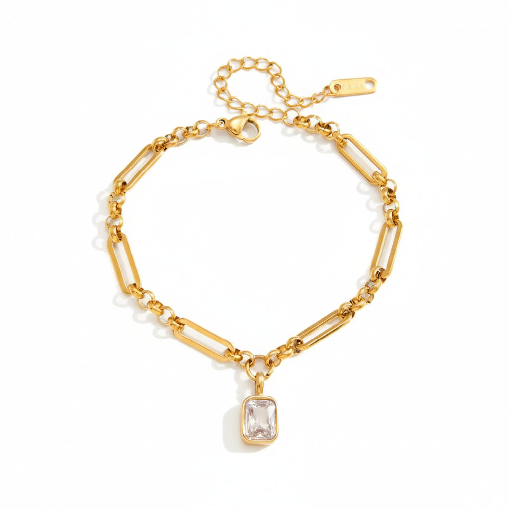 18K Gold Plated Paperclip Chain Bracelet with CZ Charm | Waterproof Mixed Link Chain Bracelet | Available in Heart, Round & Cushion Cut