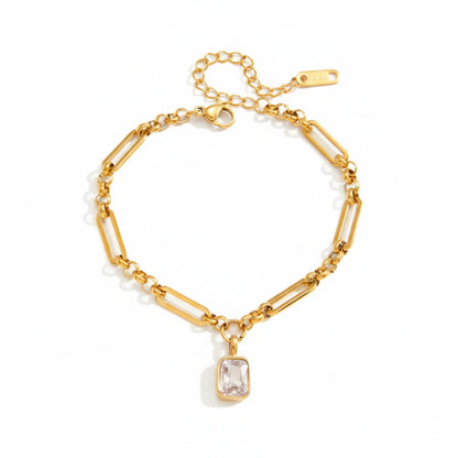 18K Gold Plated Paperclip Chain Bracelet with CZ Charm | Waterproof Mixed Link Chain Bracelet | Available in Heart, Round & Cushion Cut
