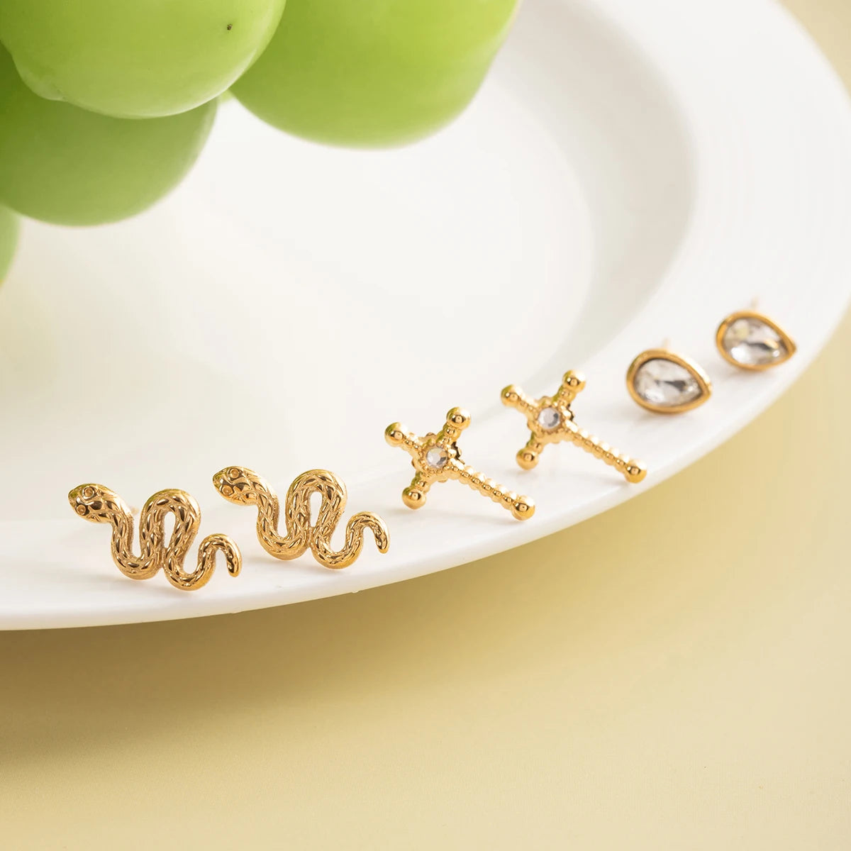 3 Pairs/Set Water Drop Snake Cross Stud Earrings For Women 18K Gold Plated Stainless Steel Earrings Fashion Jewelry