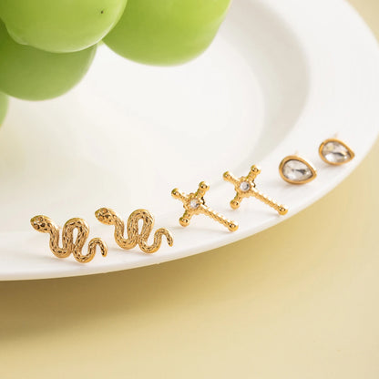 3 Pairs/Set Water Drop Snake Cross Stud Earrings For Women 18K Gold Plated Stainless Steel Earrings Fashion Jewelry