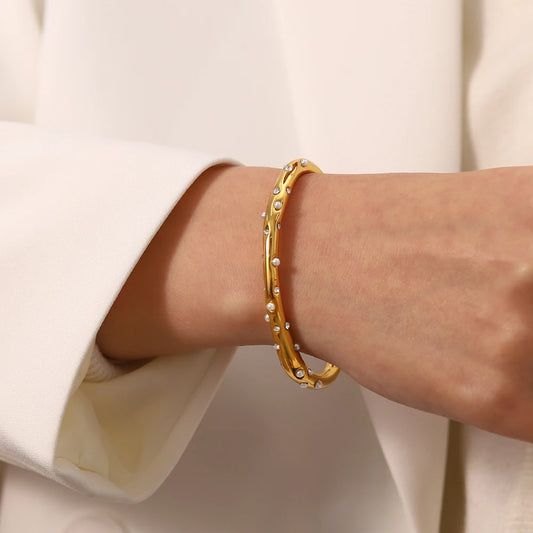Gold Plated Pearl & Crystal Open Cuff Bracelet for Women | Waterproof & Tarnish-Free Jewelry