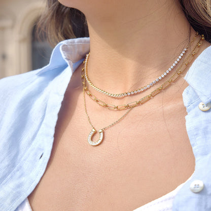 18K Verguld Gelukshoefijzer Baguette Zirkonia Ketting | Waterdichte Geluksbrenger Hanger Ketting | Diamantstijl Gouden Hoefijzer Ketting
