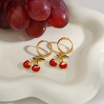18K Gold Plated Cherry Hoop Earrings for Women – Waterproof Tarnish Free Stainless Steel Fruit Charm Jewellery
